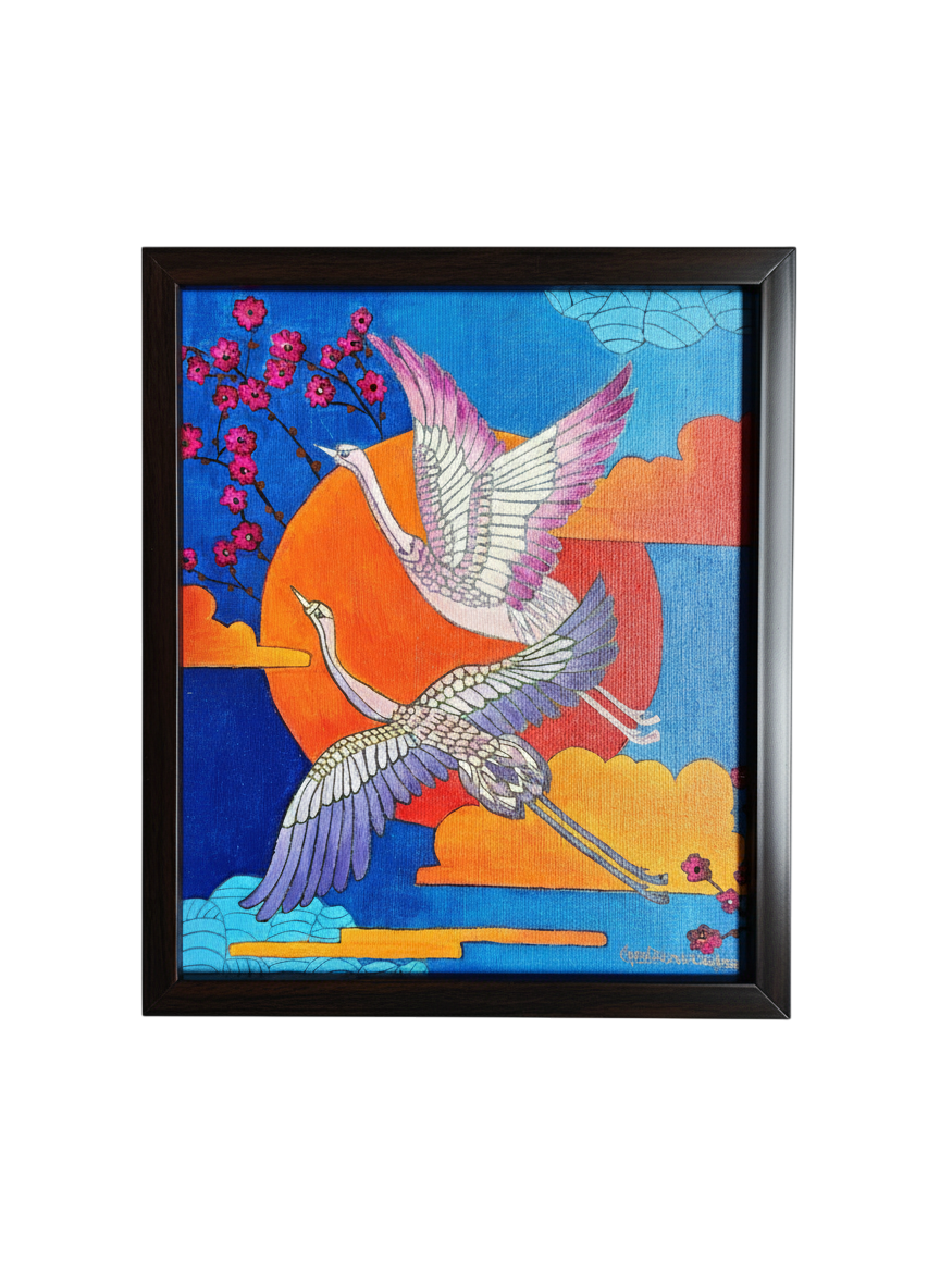Handcrafted painting of two flying cranes