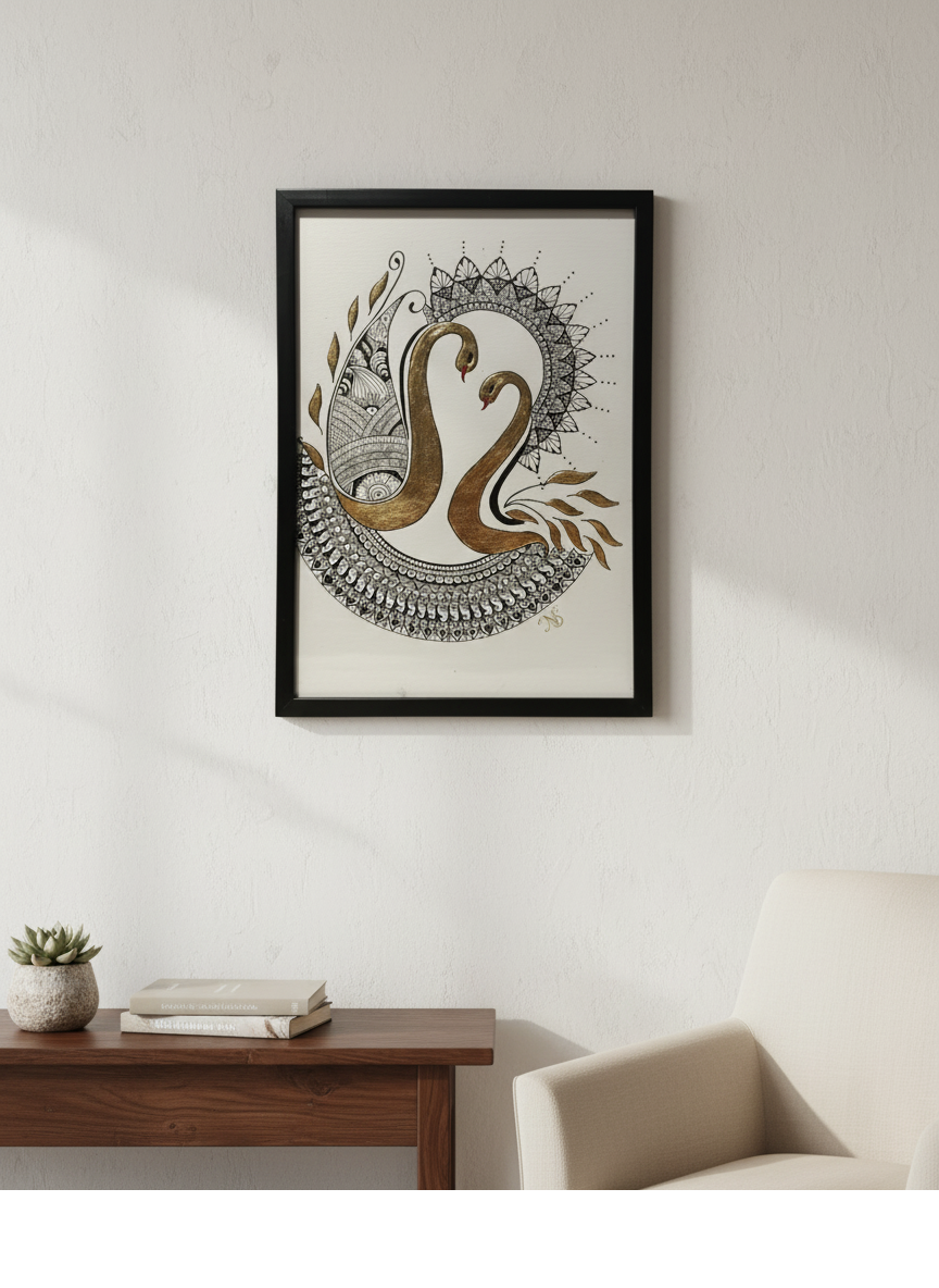 Mockup of Mandala Swans Painting in a living room